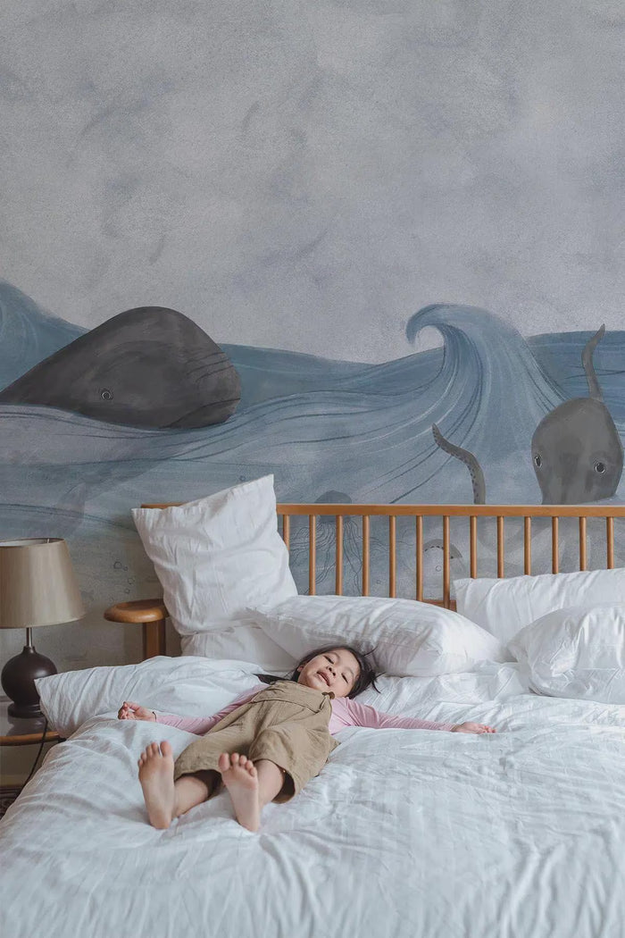 Ocean Life Wallpaper Mural: Whales & Waves, Nautical Kids Room
