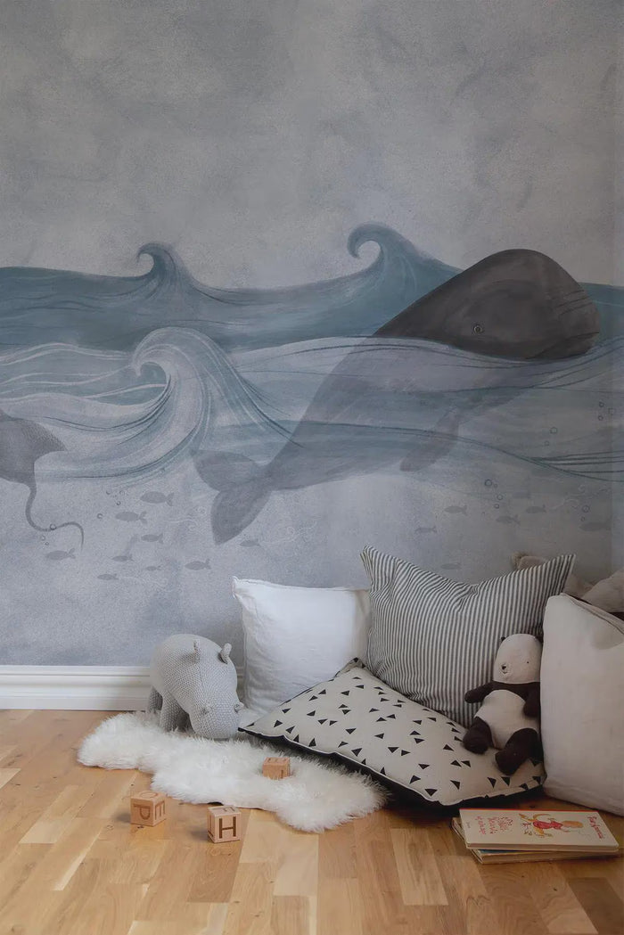 Ocean Life Wallpaper Mural: Whales & Waves, Nautical Kids Room