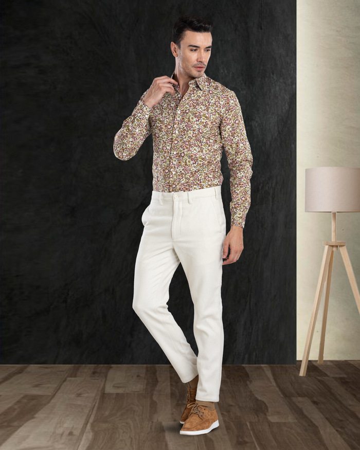 Olive Green Maroon prints on White