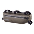 Brown bike frame bag with black straps on a white background