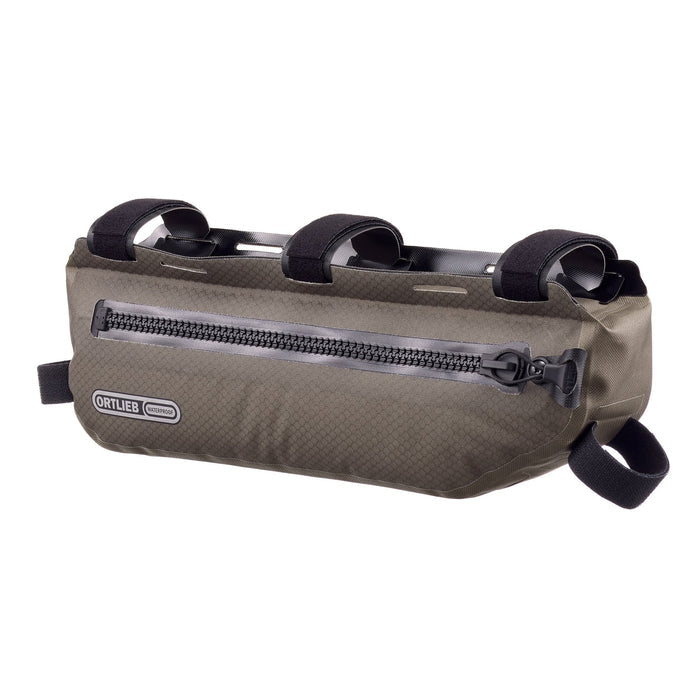Brown bike frame bag with black straps on a white background