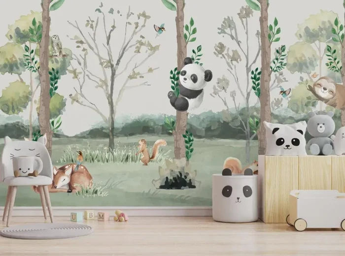 Panda Hugging Tree Wallpaper Mural: Tranquil Nursery Decor, Peel and Stick