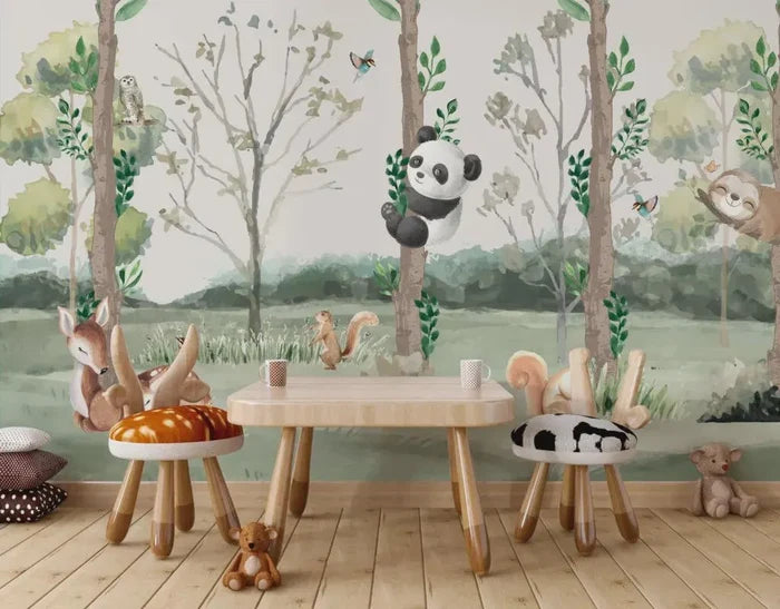 Panda Hugging Tree Wallpaper Mural: Tranquil Nursery Decor, Peel and Stick