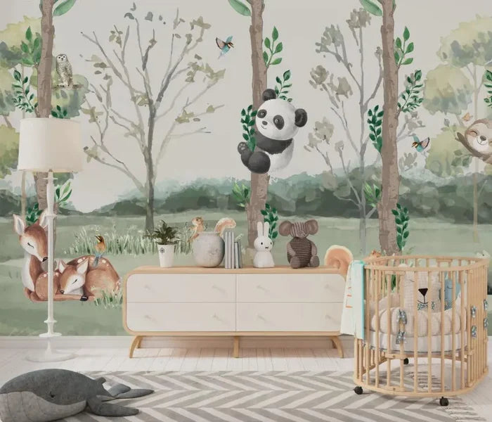 Panda Hugging Tree Wallpaper Mural: Tranquil Nursery Decor, Peel and Stick