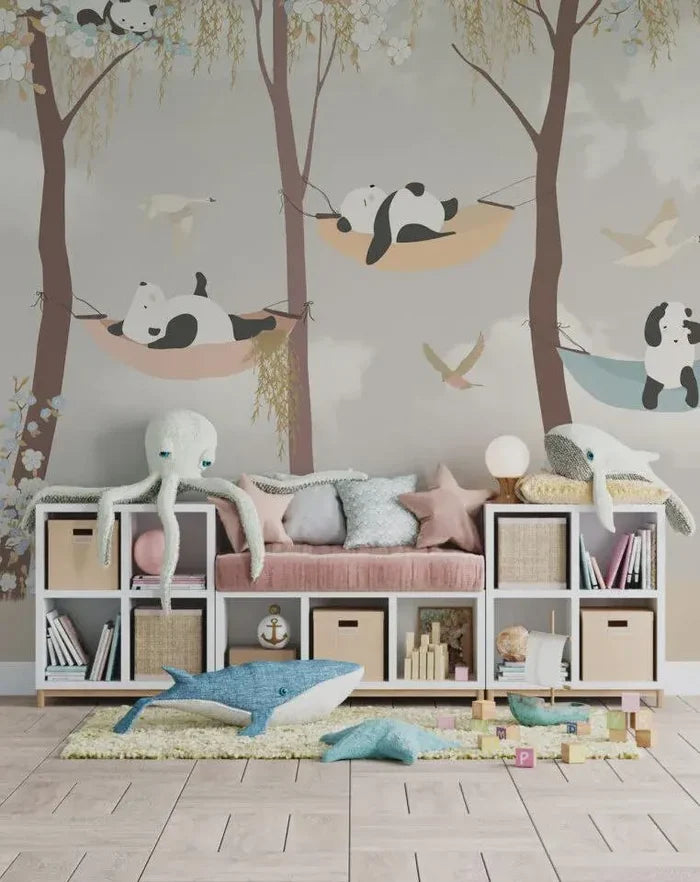 Panda Nursery Wallpaper Mural: 3D Forest Animals, Peel & Stick Available