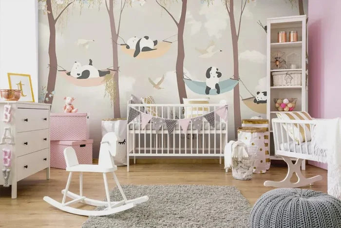 Panda Nursery Wallpaper Mural: 3D Forest Animals, Peel & Stick Available