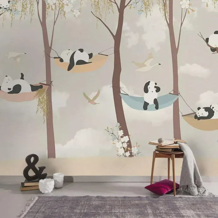 Panda Nursery Wallpaper Mural: 3D Forest Animals, Peel & Stick Available