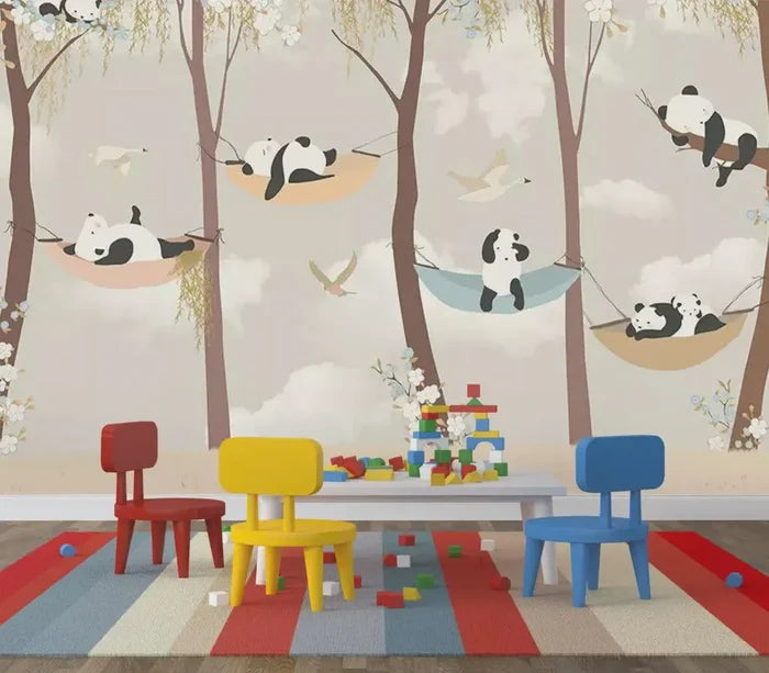 Panda Nursery Wallpaper Mural: 3D Forest Animals, Peel & Stick Available