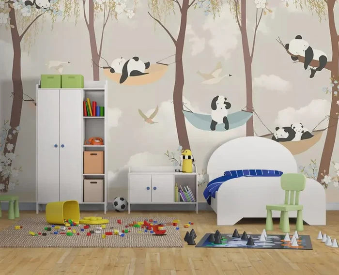 Panda Nursery Wallpaper Mural: 3D Forest Animals, Peel & Stick Available