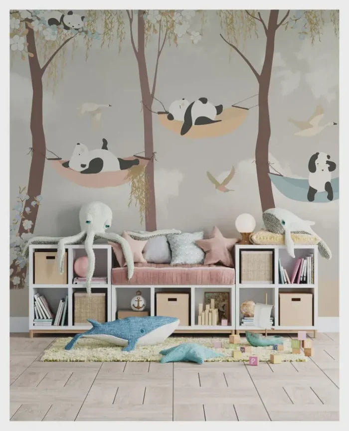 Panda Nursery Wallpaper Mural: 3D Forest Animals, Peel & Stick Available