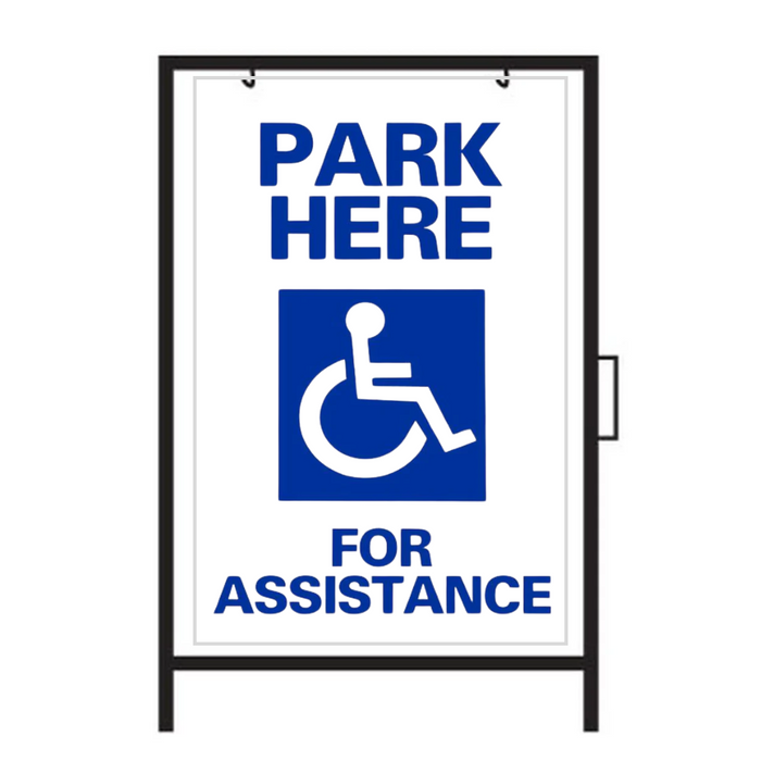 PARK HERE FOR ASSISTANCE DOUBLE-SIDED Metal A-Frame Sign (SG-106A2)