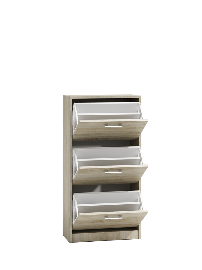 PAULA SHOE CABINET - SONOMA 116CM X 60CMMATERIAL: Body and fronts - 16mm laminated chipboard.Edges - finished with ABS plastic (characterized by high mechanical and chemical resistance)Drawers - on roller guides, it is a guarantee of comfortable and, abov