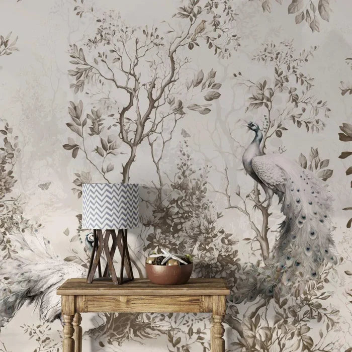 Peacock Wallpaper: Beige Autumn Leaves, Tropical Palm Trees (Peel and Stick)