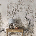 Peacock Wallpaper: Beige Autumn Leaves, Tropical Palm Trees (Peel and Stick)