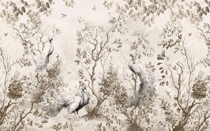 Peacock Wallpaper: Beige Autumn Leaves, Tropical Palm Trees (Peel and Stick)