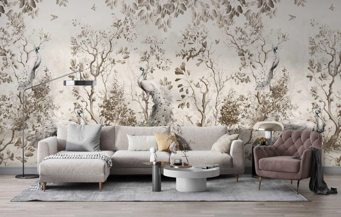 Peacock Wallpaper: Beige Autumn Leaves, Tropical Palm Trees (Peel and Stick)