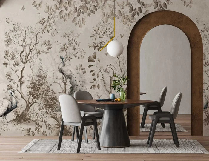 Peacock Wallpaper: Beige Autumn Leaves, Tropical Palm Trees (Peel and Stick)