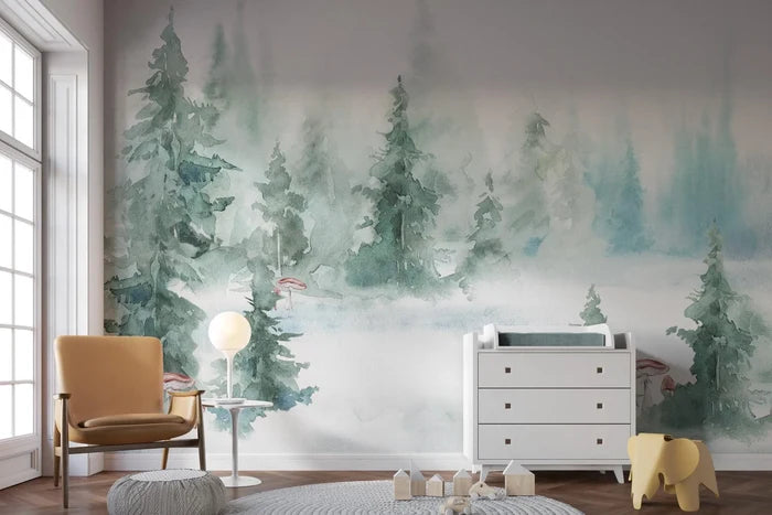 Pine Tree Forest Mural: Foggy Mountain Peel and Stick Wallpaper
