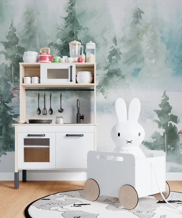 Pine Tree Forest Mural: Foggy Mountain Peel and Stick Wallpaper
