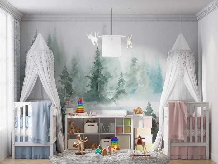 Pine Tree Forest Mural: Foggy Mountain Peel and Stick Wallpaper