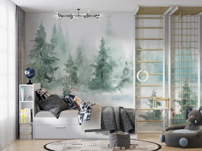 Pine Tree Forest Mural: Foggy Mountain Peel and Stick Wallpaper