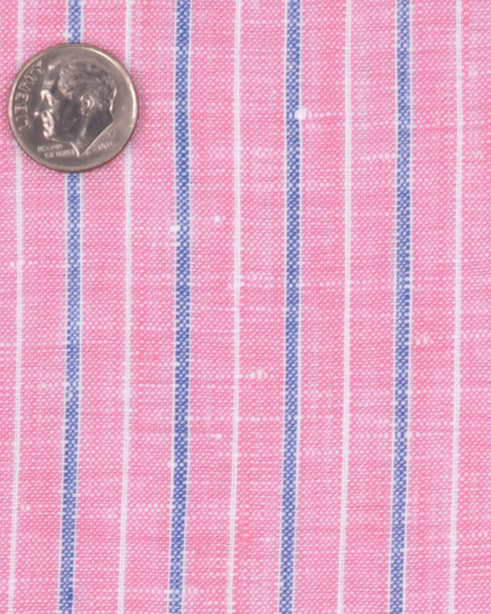 Close up of the custom linen shirt for men in pink and blue stripes by Luxire Clothing