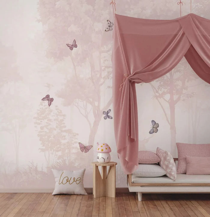 Pink Forest Butterfly Wallpaper - Girl Nursery Decor - Peel and Stick