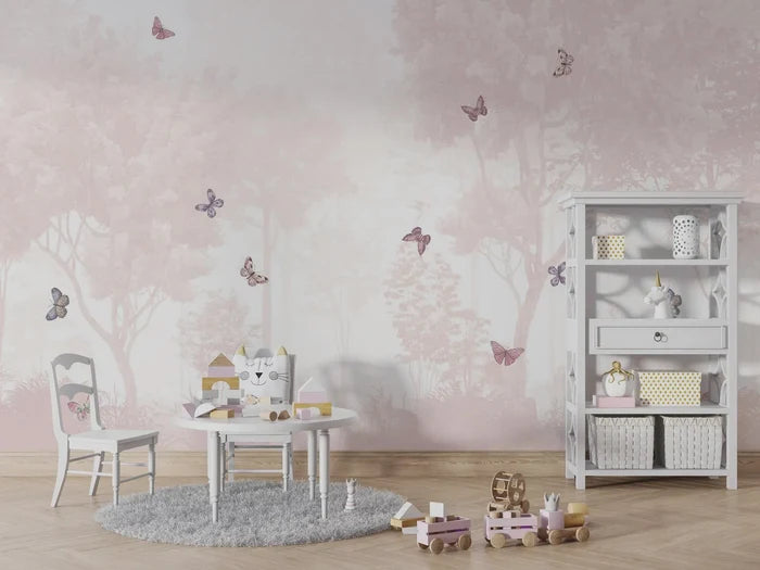 Pink Forest Butterfly Wallpaper - Girl Nursery Decor - Peel and Stick