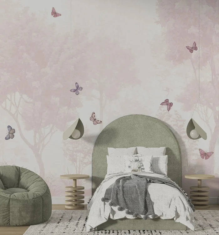 Pink Forest Butterfly Wallpaper - Girl Nursery Decor - Peel and Stick