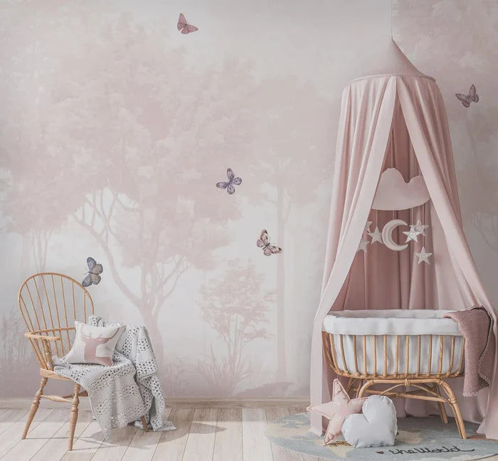 Pink Forest Butterfly Wallpaper - Girl Nursery Decor - Peel and Stick