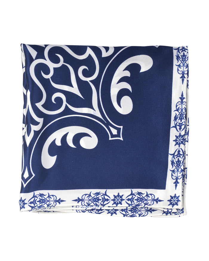 Pocket Square- White Print On Navy