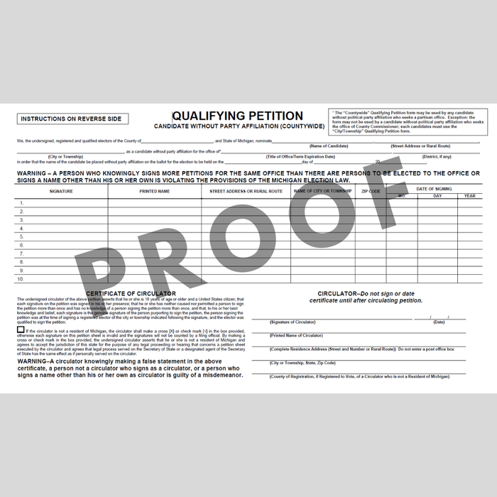 Qualifying Petition Candidate without Party Affiliation - County Wide (PT-811)