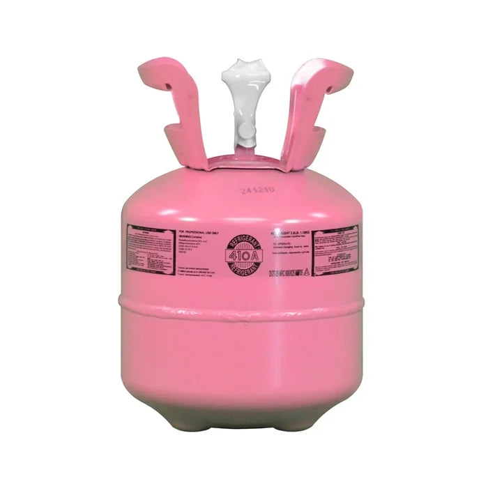 Front view of AMC R-410A 2.5 lb refrigerant cylinder showing professional-use label and DOT-39 disposable cylinder markings.