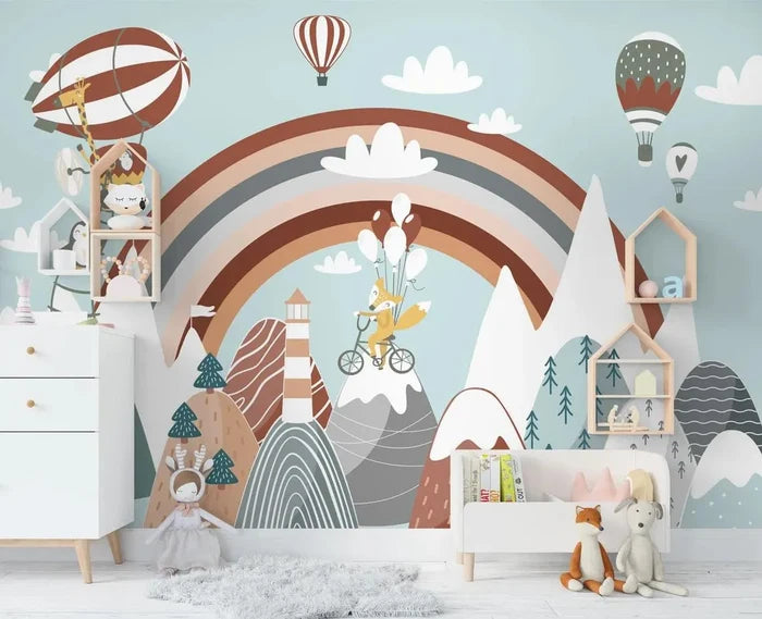 Rainbow Animals Nursery Mural: Clouds, Balloons Wallpaper
