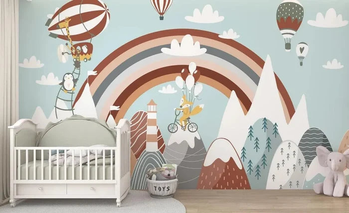 Rainbow Animals Nursery Mural: Clouds, Balloons Wallpaper