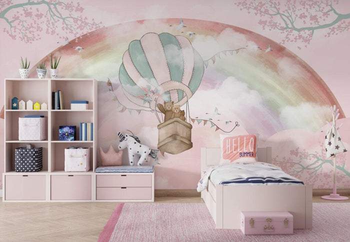 Rainbow Balloon Bear Nursery Wallpaper - Smooth or Textured