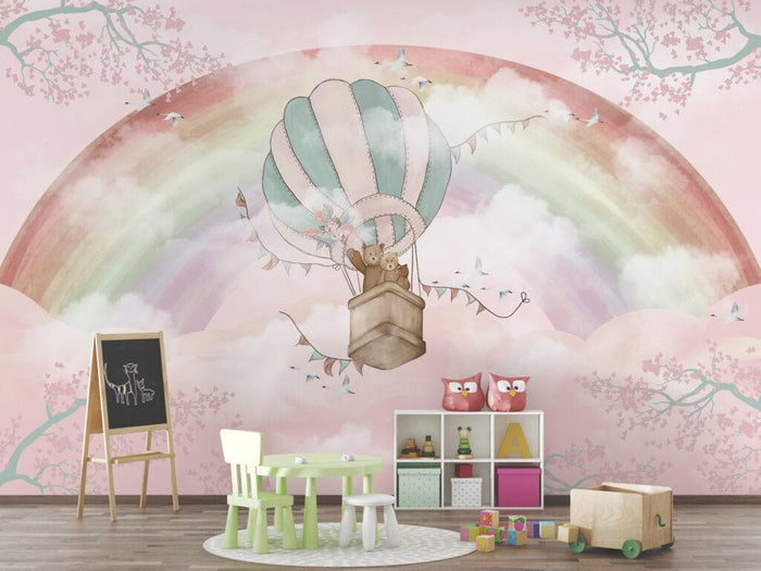 Rainbow Balloon Bear Nursery Wallpaper - Smooth or Textured