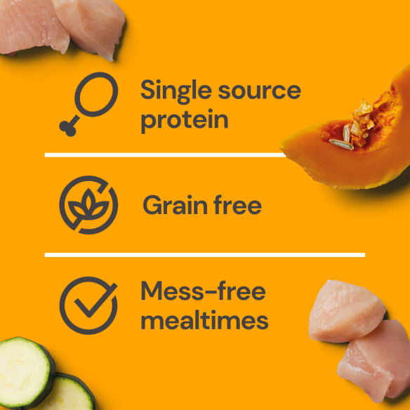 Orange background features our 8kg Adult Raw Nugget Starter Pack—mess-free, species-appropriate dog meals.