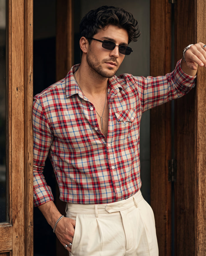 Red Navy Cream Twill Madras Checks
