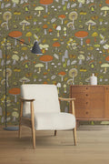 Retro Forest Wallpaper: Butterflies, Mushrooms, Leaves on Green