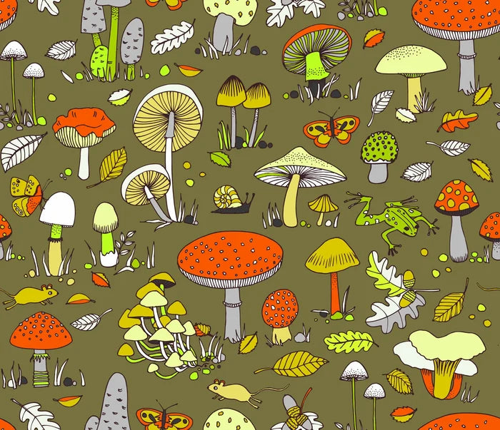 Retro Forest Wallpaper: Butterflies, Mushrooms, Leaves on Green