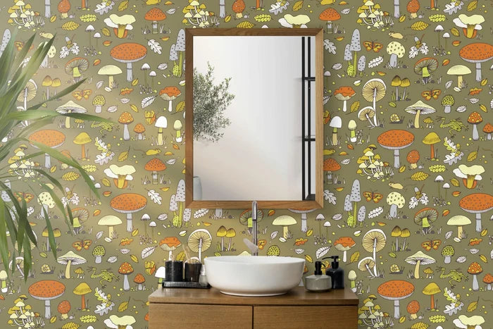 Retro Forest Wallpaper: Butterflies, Mushrooms, Leaves on Green