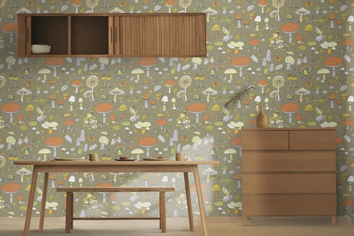 Retro Forest Wallpaper: Butterflies, Mushrooms, Leaves on Green