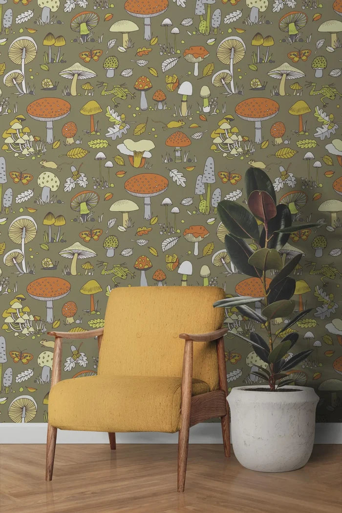 Retro Forest Wallpaper: Butterflies, Mushrooms, Leaves on Green