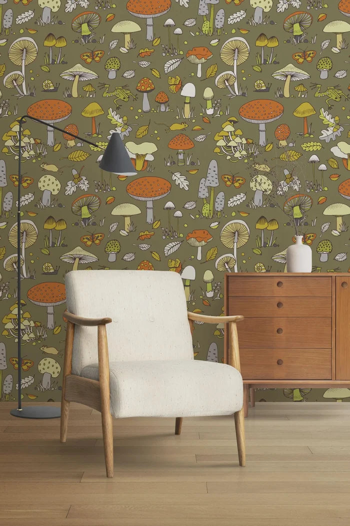 Retro Forest Wallpaper: Butterflies, Mushrooms, Leaves on Green