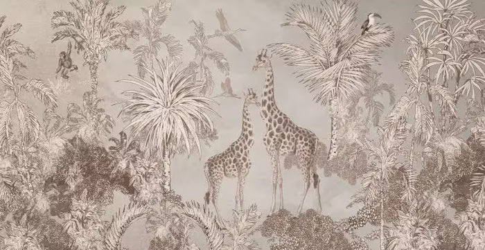 Safari Animal Coffee Tone Tropical Wallpaper - Nursery Wall Decor - Deluxe Textured Wallpaper