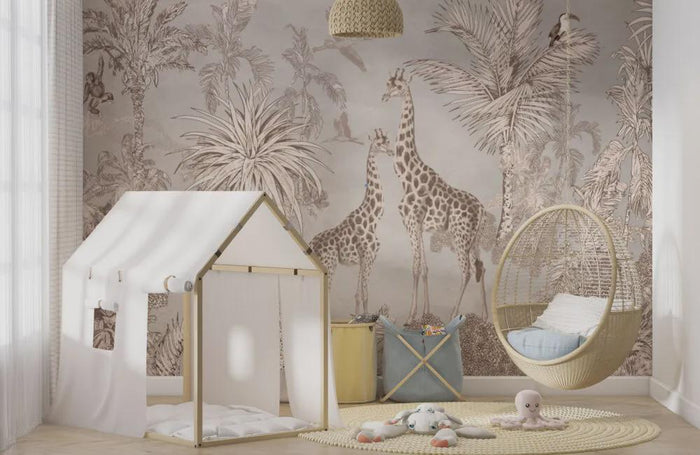 Safari Animal Coffee Tone Tropical Wallpaper - Nursery Wall Decor - Deluxe Textured Wallpaper