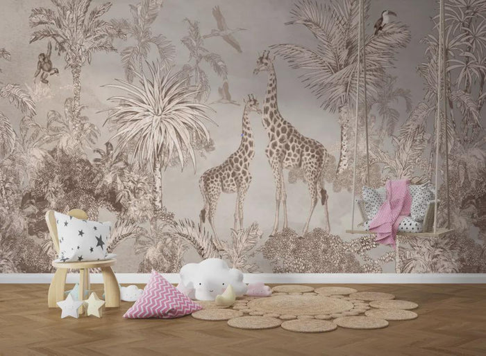 Safari Animal Coffee Tone Tropical Wallpaper - Nursery Wall Decor - Deluxe Textured Wallpaper