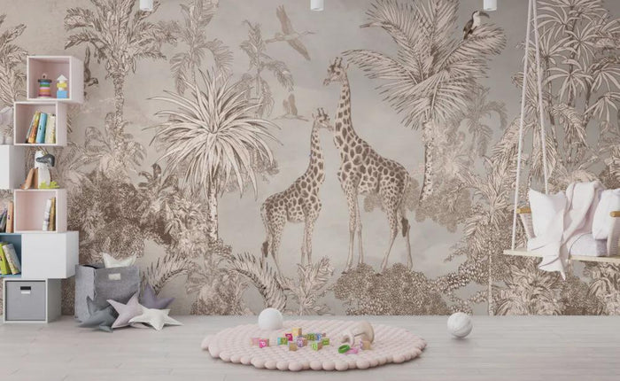 Safari Animal Coffee Tone Tropical Wallpaper - Nursery Wall Decor - Deluxe Textured Wallpaper