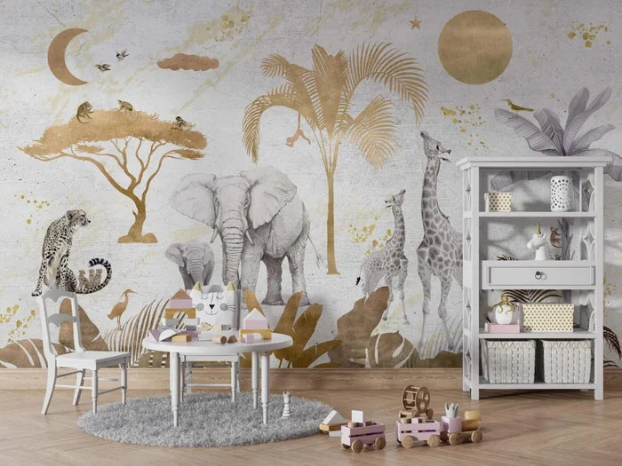 Safari Animal Print Peel and Stick Wallpaper - Gold Tone Nursery Wall Decal